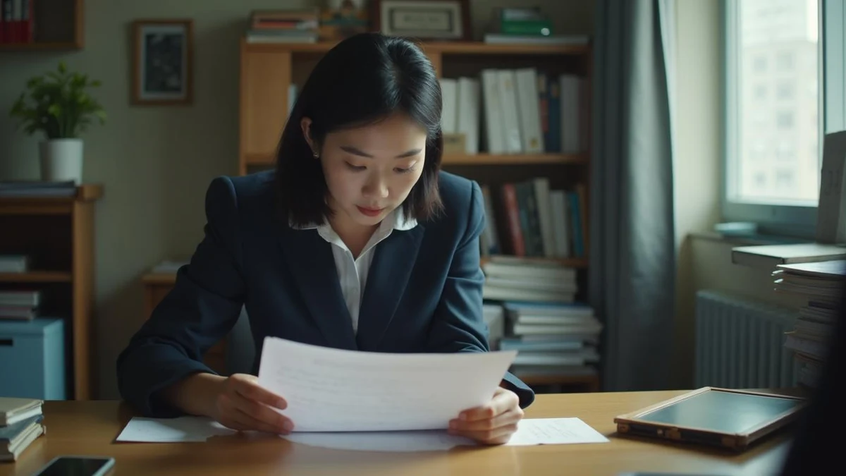 사무실에서 지식재산처 통지 서류를 살펴보고 있는 사업자