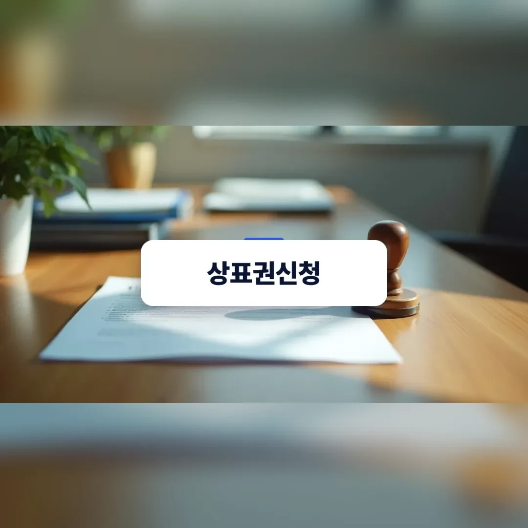 상표권신청 — 원목 책상 위 흰 서류와 나무 도장