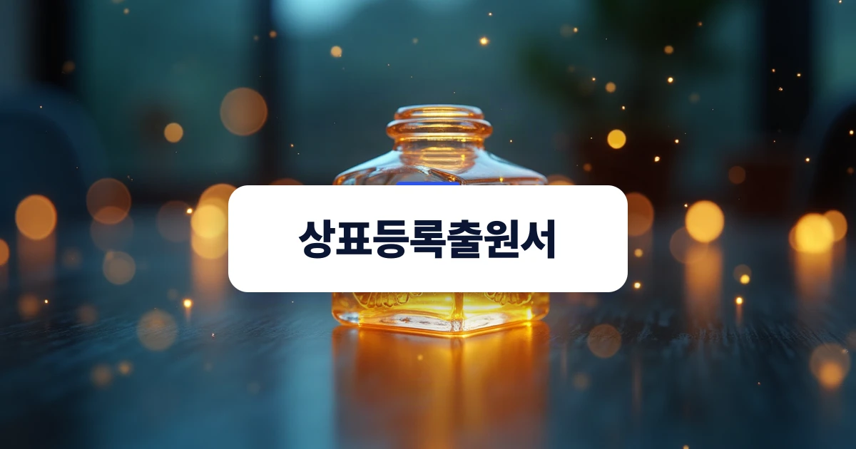 상표등록출원서 — 어두운 배경 위에서 빛나는 유리 인장과 황금빛 입자들