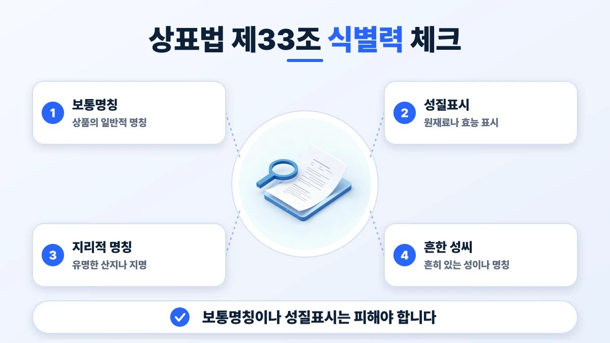 상표법 제33조 식별력 체크 도표: 보통명칭, 성질표시, 지리적 명칭, 흔한 성씨. 보통명칭이나 성질표시는 피해야 합니다