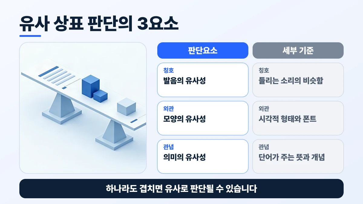 유사 상표 판단의 3요소 비교표: 칭호은 판단요소 발음의 유사성, 세부 기준 들리는 소리의 비슷함; 외관은 판단요소 모양의 유사성, 세부 기준 시각적 형태와 폰트; 관념은 판단요소 의미의 유사성, 세부 기준 단어가 주는 뜻과 개념. 하나라도 겹치면 유사로 판단될 수 있습니다
