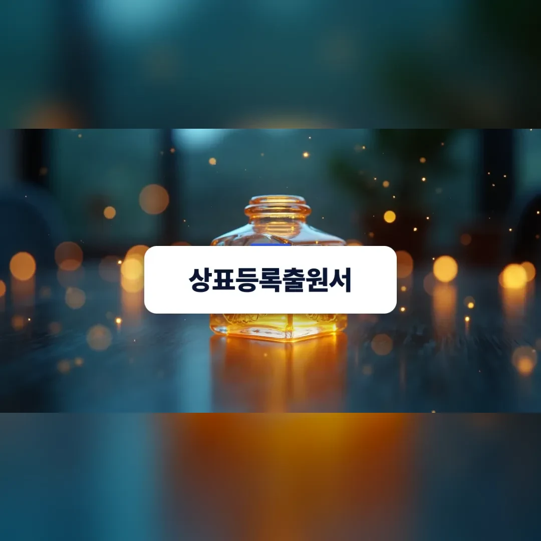 상표등록출원서 — 어두운 배경 위에서 빛나는 유리 인장과 황금빛 입자들