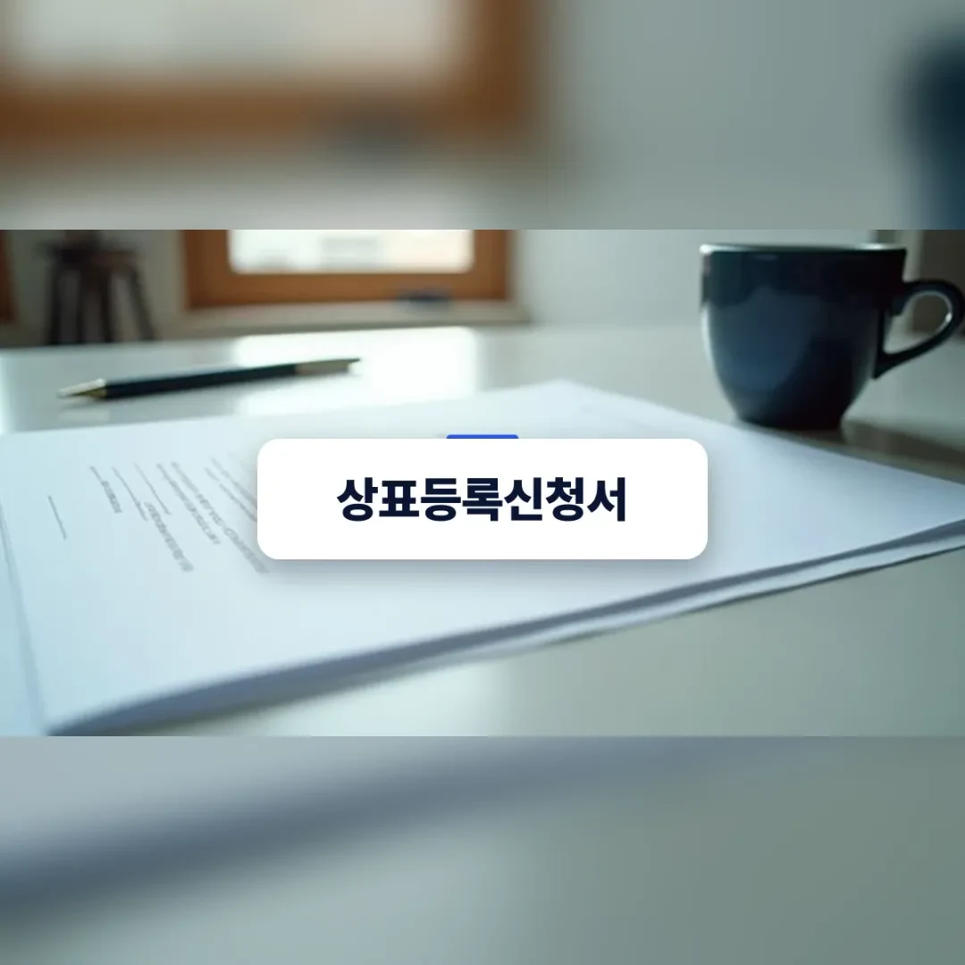 상표등록신청서 — 원목 책상 위 흰 서류와 펜, 커피잔