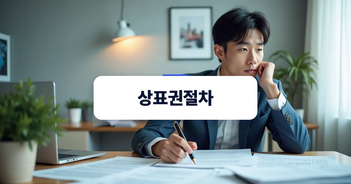 상표권절차 — 브랜드 서류와 로고 디자인을 검토하며 출원을 준비하는 한국인 사업자