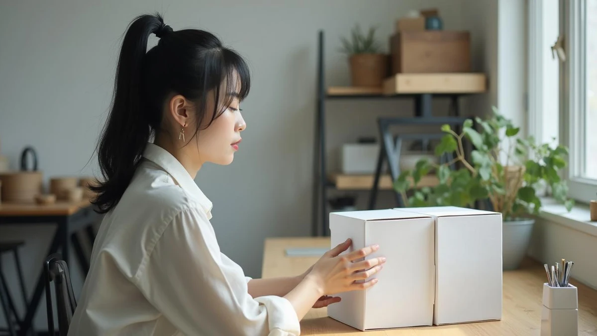 작업대 위에서 두 가지 브랜드 상자 로고의 유사성을 직접 비교하는 한국인 디자이너