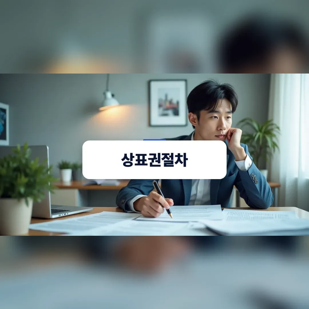 상표권절차 — 브랜드 서류와 로고 디자인을 검토하며 출원을 준비하는 한국인 사업자