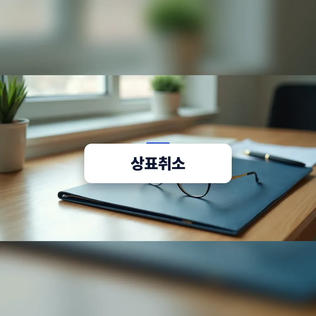 상표취소 — 원목 책상 위 파란 서류철과 안경