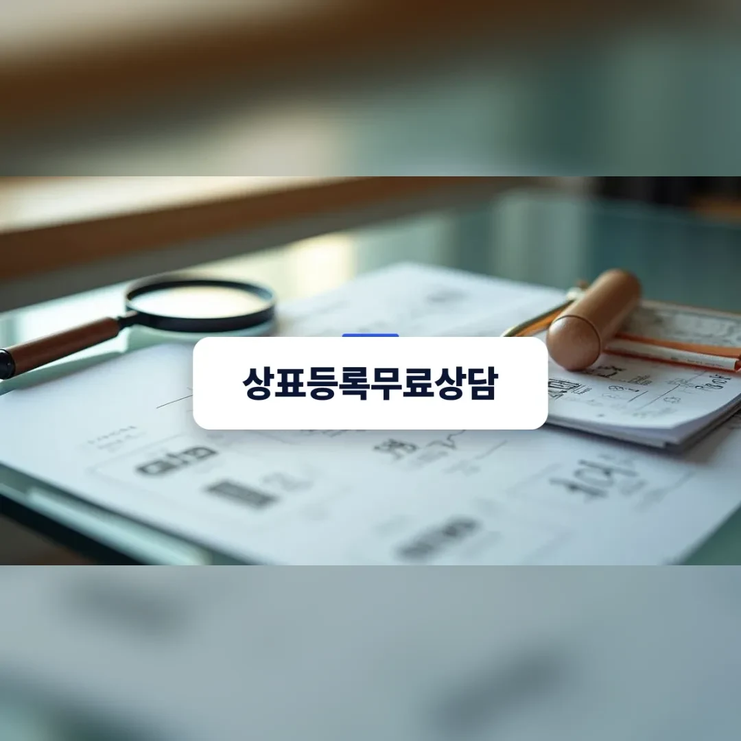 상표등록무료상담 — 서류 위의 돋보기와 나무 도장