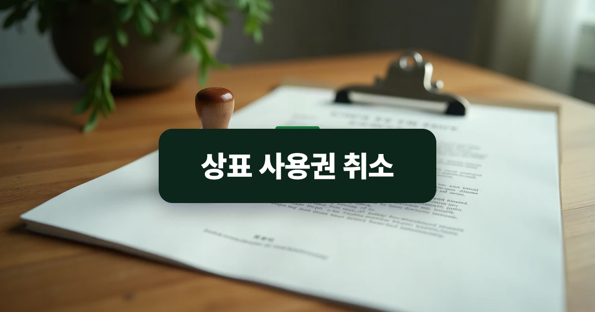 상표 사용권 취소 — 책상 위에 놓인 계약서 서류철과 인장 도장