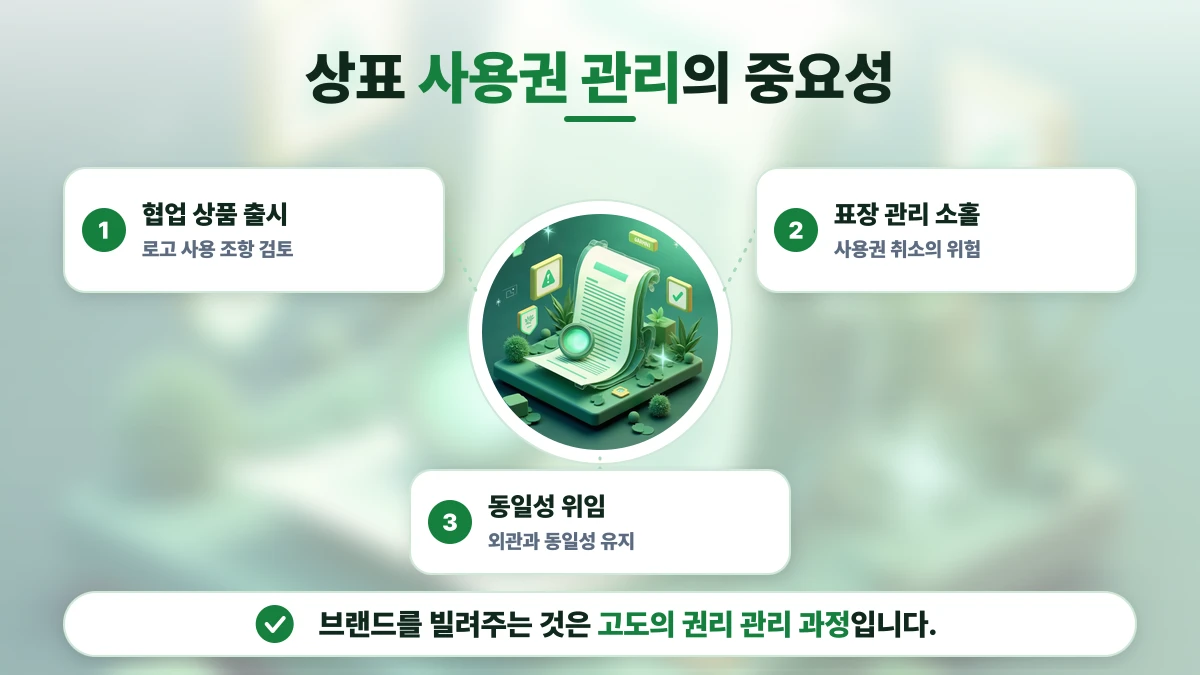 상표 사용권 관리의 중요성 도표: 협업 상품 출시, 표장 관리 소홀, 동일성 위임. 브랜드를 빌려주는 것은 고도의 권리 관리 과정입니다