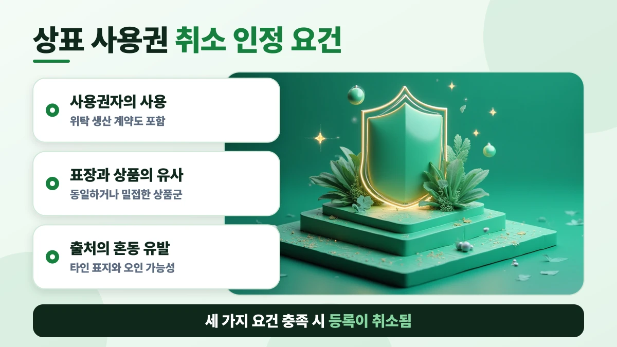 상표 사용권 취소 인정 요건 도표: 사용권자의 사용, 표장과 상품의 유사, 출처의 혼동 유발. 세 가지 요건 충족 시 등록이 취소됨