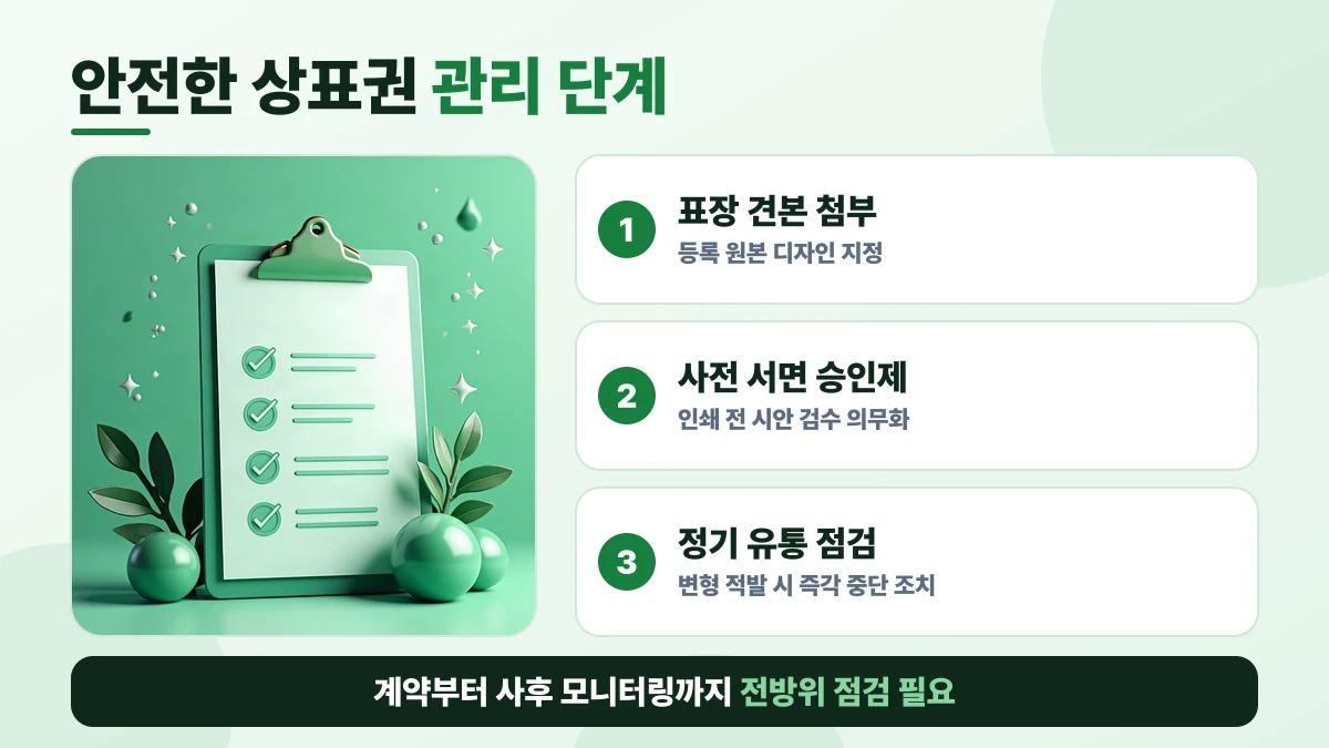 안전한 상표권 관리 단계 도표: 표장 견본 첨부, 사전 서면 승인제, 정기 유통 점검. 계약부터 사후 모니터링까지 전방위 점검 필요