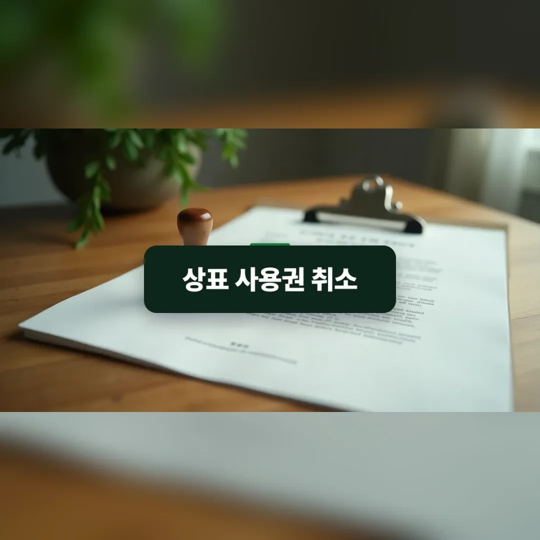 상표 사용권 취소 — 책상 위에 놓인 계약서 서류철과 인장 도장
