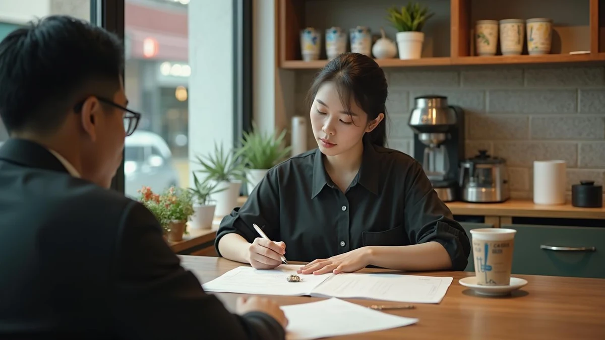 매장 내에서 서류를 검토하는 한국인 사업자