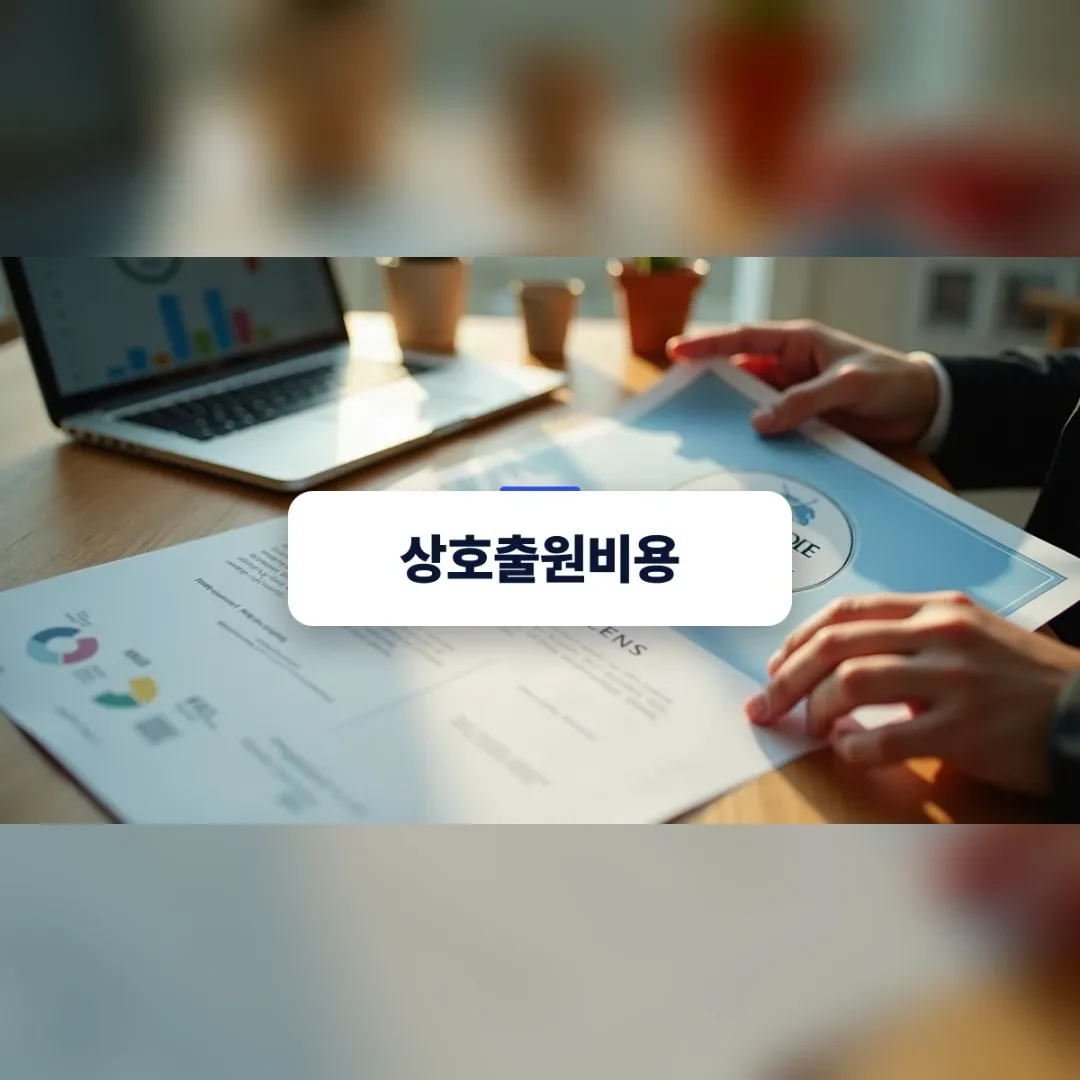 상호출원비용 — 노트북 옆 원그래프 서류를 넘기는 손