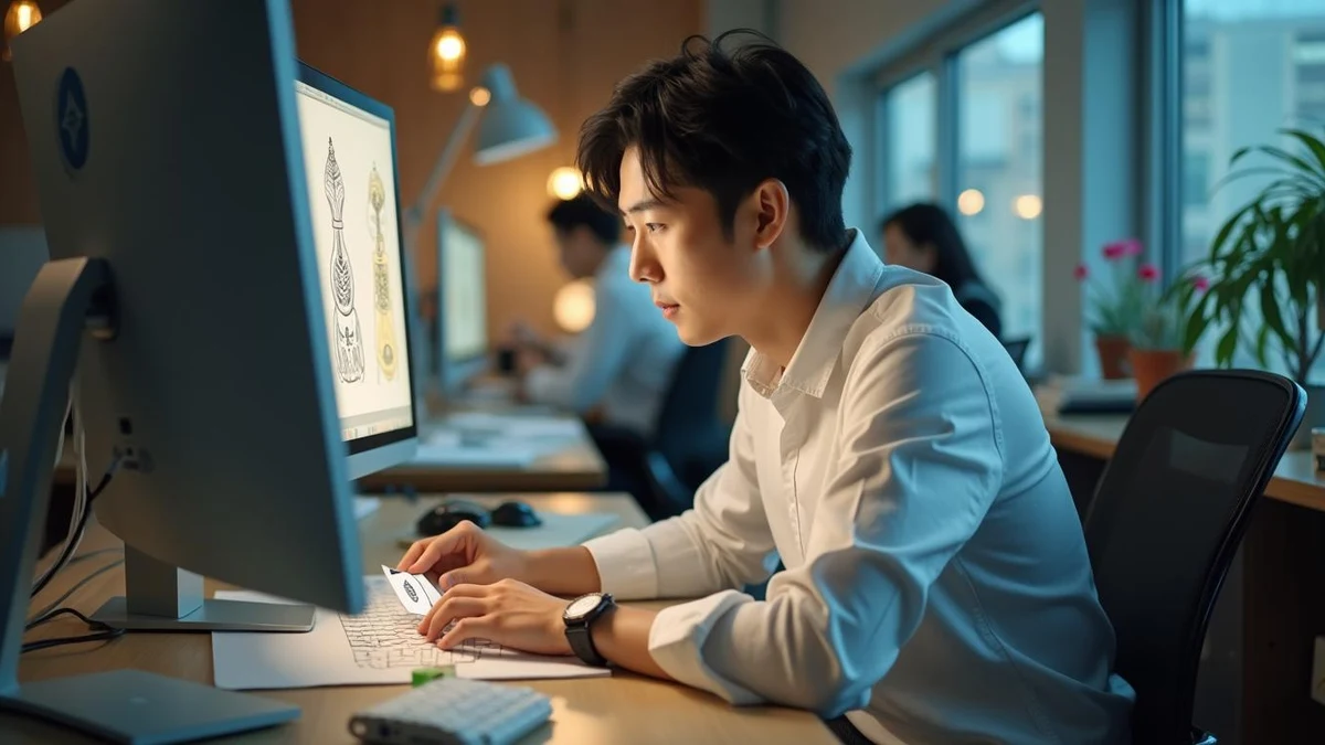 디자인 스튜디오에서 상표 유사성을 검토 중인 한국인 디자이너