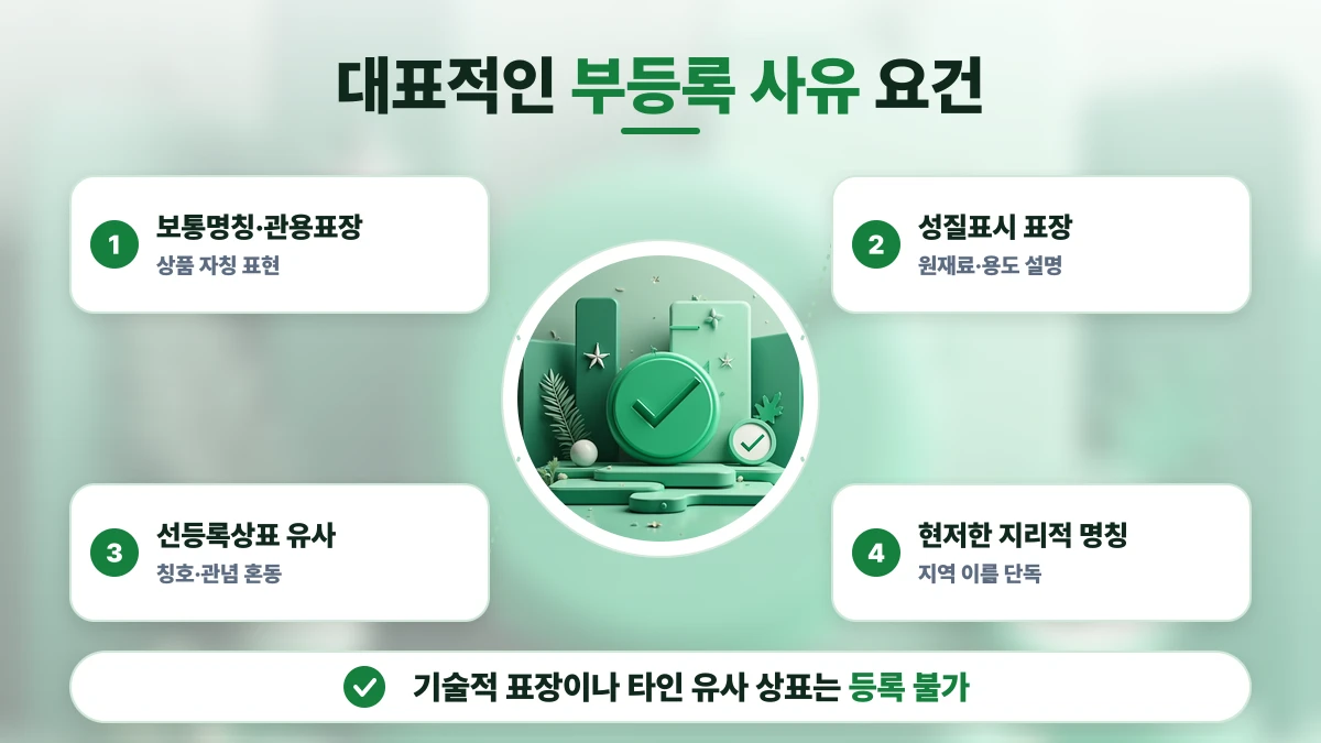 대표적인 부등록 사유 요건 도표: 보통명칭·관용표장, 성질표시 표장, 선등록상표 유사, 현저한 지리적 명칭. 기술적 표장이나 타인 유사 상표는 등록 불가