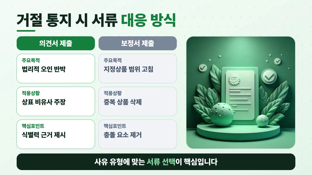 거절 통지 시 서류 대응 방식 비교표: 주요목적은 의견서 제출 법리적 오인 반박, 보정서 제출 지정상품 범위 고침; 적용상황은 의견서 제출 상표 비유사 주장, 보정서 제출 중복 상품 삭제; 핵심포인트은 의견서 제출 식별력 근거 제시, 보정서 제출 충돌 요소 제거. 사유 유형에 맞는 서류 선택이 핵심입니다