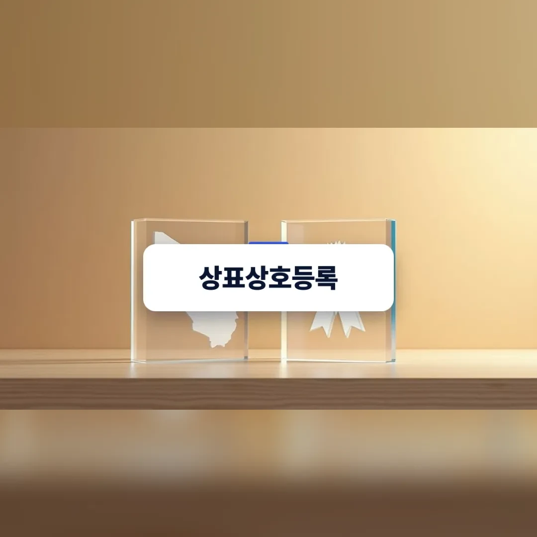 상표상호등록 — 원목 탁자 위의 투명한 아크릴 트로피 두 개