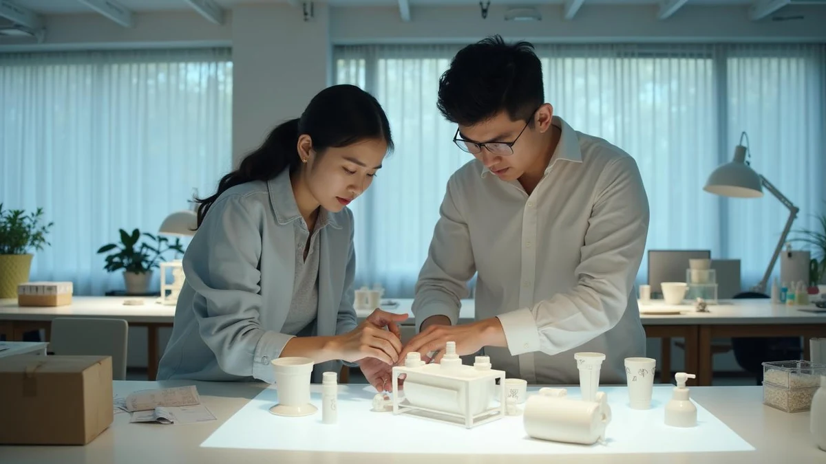 제품 디자인과 기술 권리 확보를 논의 중인 한국인 연구원들
