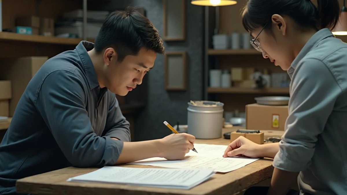 작업실 테이블에서 의장등록비 관련 서류와 예산안을 꼼꼼히 비교하는 한국인 사업자