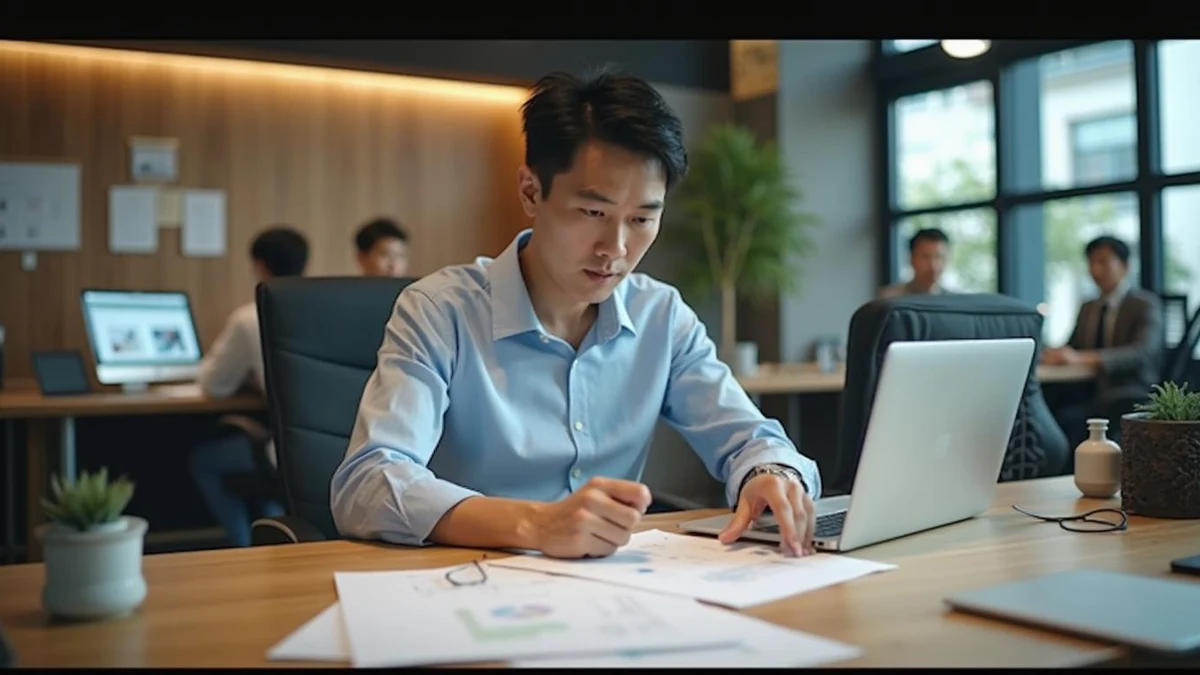 사무실 책상에서 출원 도면과 경쟁사 제품을 비교 검토하는 한국인 사업자