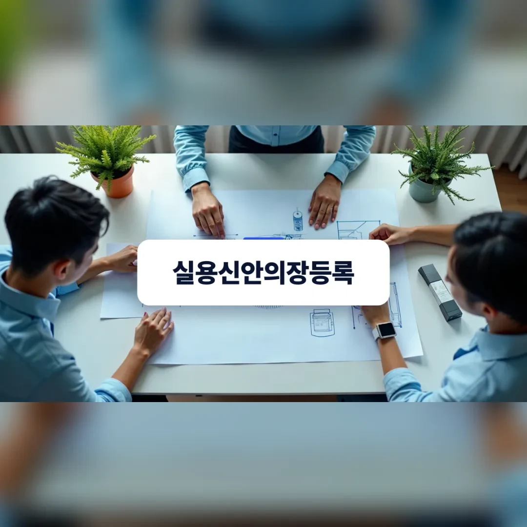 실용신안의장등록 — 도면이 펼쳐진 탁자에 둘러앉아 논의하는 두 사람