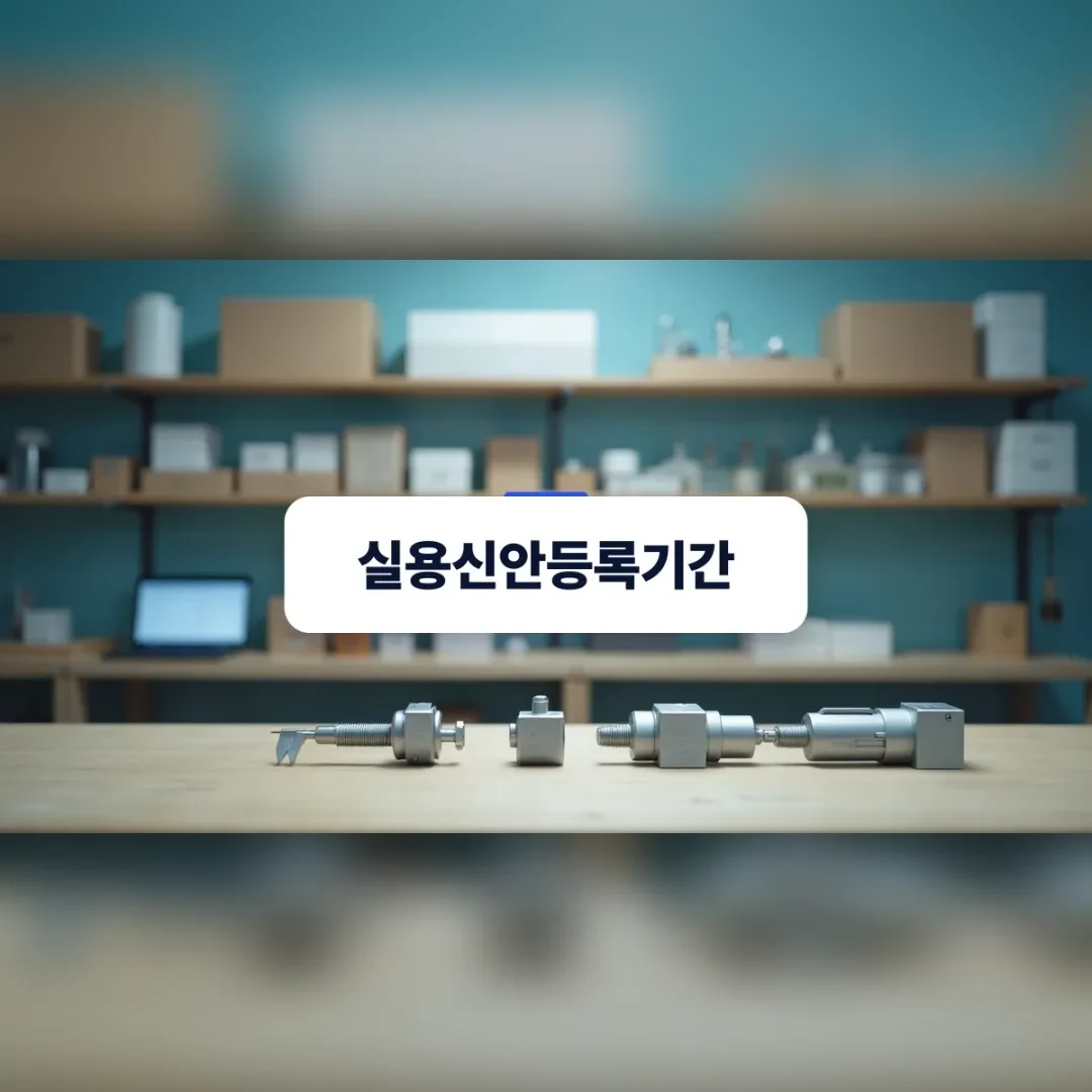 실용신안등록기간 — 작업대 위에 정밀 부품 시제품과 측정 도구가 놓인 한국의 하드웨어 공방