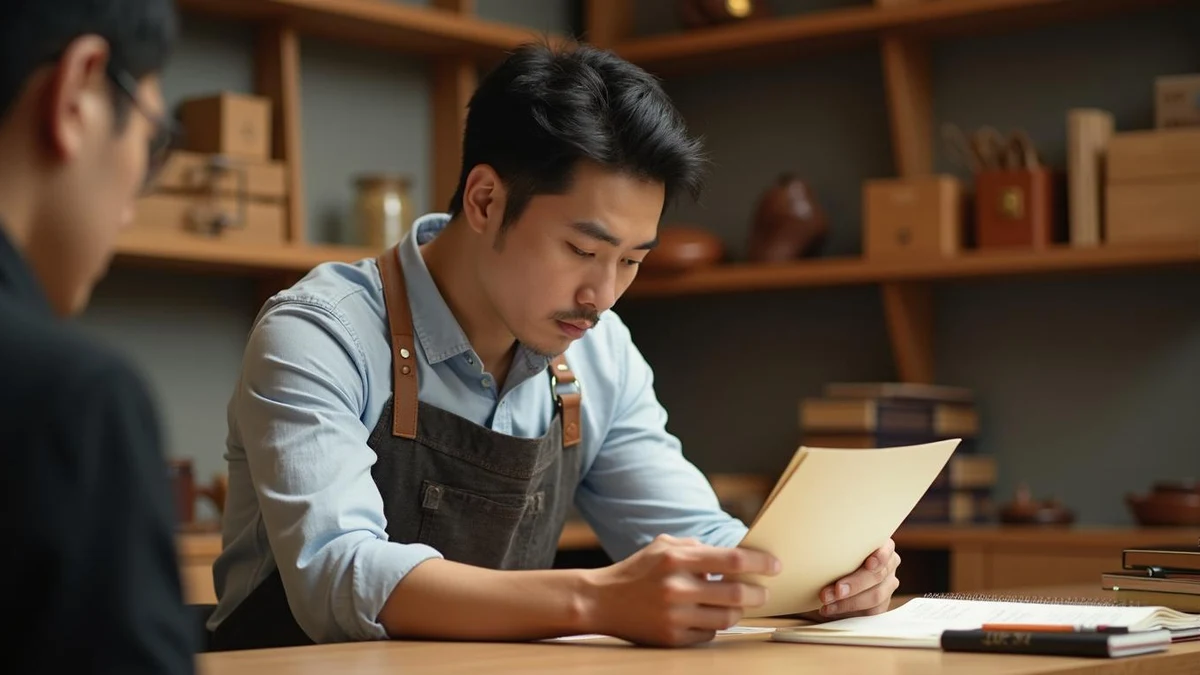 매장에서 공식 통지서를 들고 일정을 확인하고 있는 한국인 가죽 공방 사장