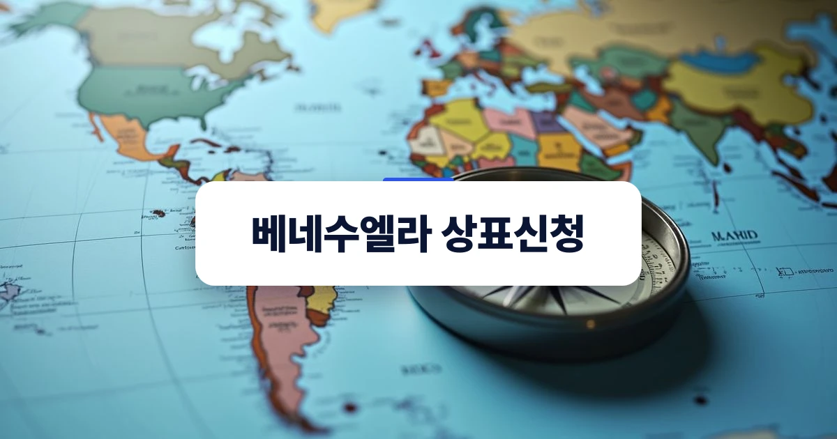 베네수엘라 상표신청 — 남미 대륙이 표시된 세계지도와 그 위에 놓인 금속 제도용 컴퍼스