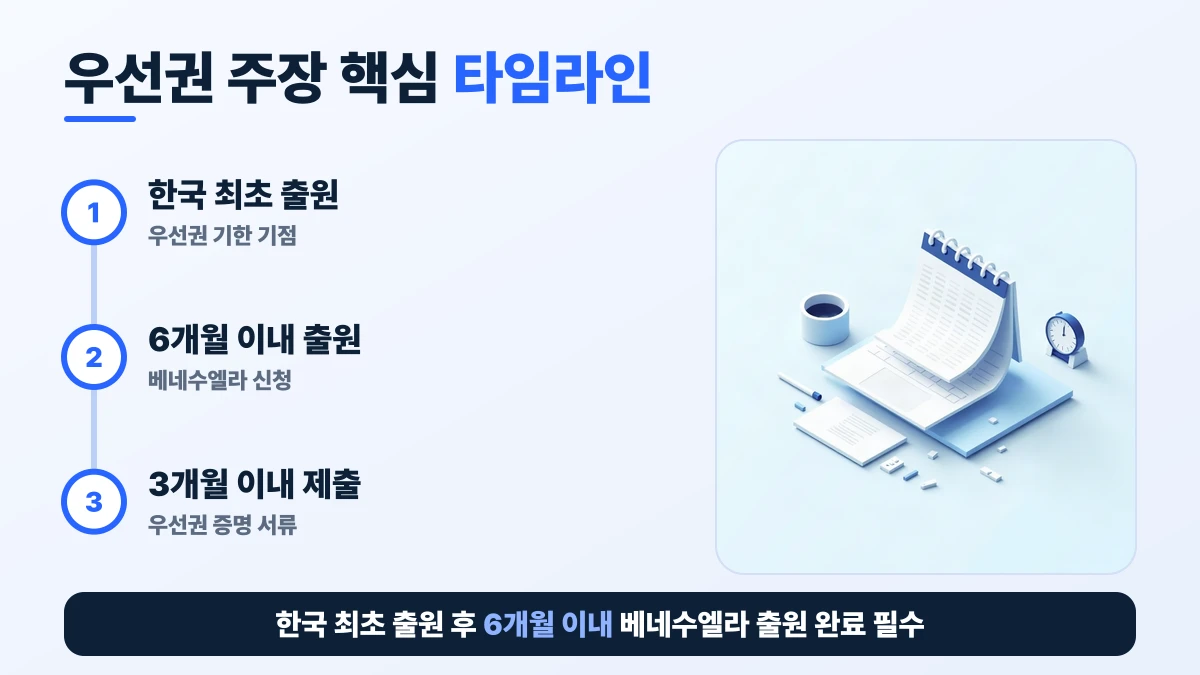 우선권 주장 핵심 타임라인 도표: 한국 최초 출원, 6개월 이내 출원, 3개월 이내 제출. 한국 최초 출원 후 6개월 이내 베네수엘라 출원 완료 필수