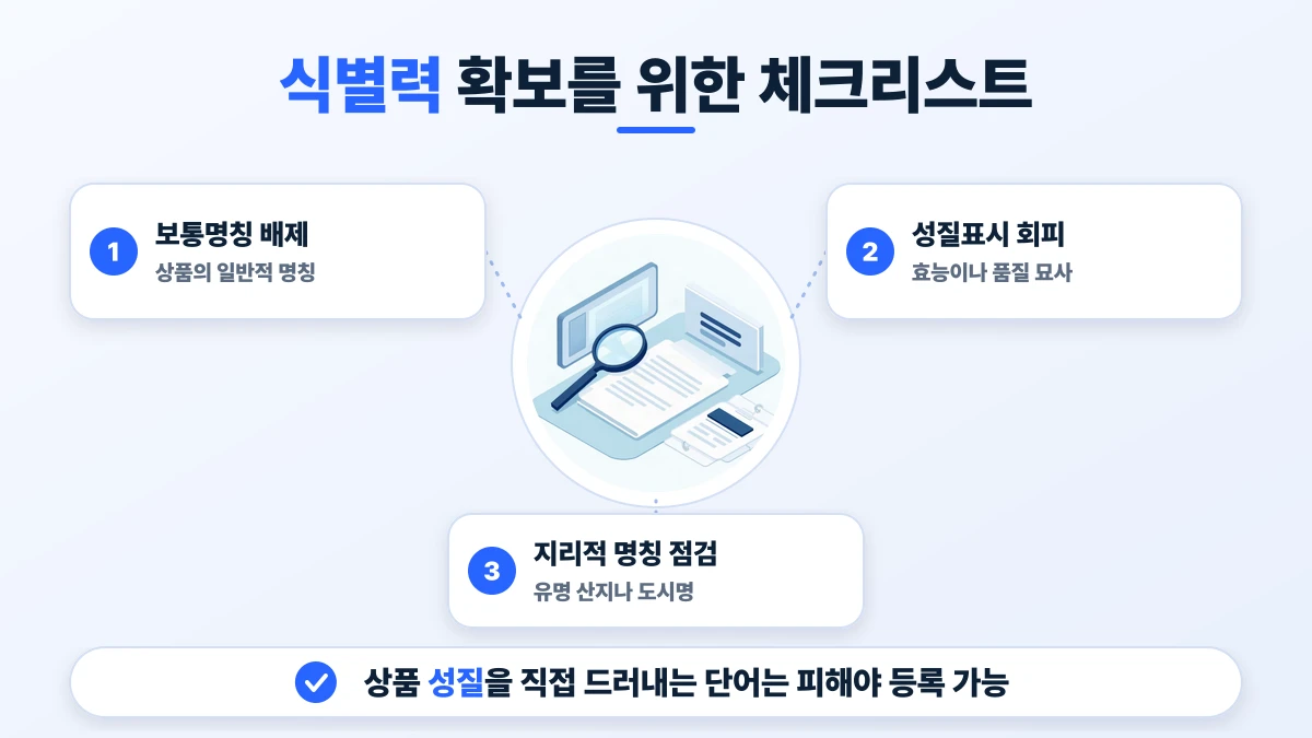 식별력 확보를 위한 체크리스트 도표: 보통명칭 배제, 성질표시 회피, 지리적 명칭 점검. 상품 성질을 직접 드러내는 단어는 피해야 등록 가능