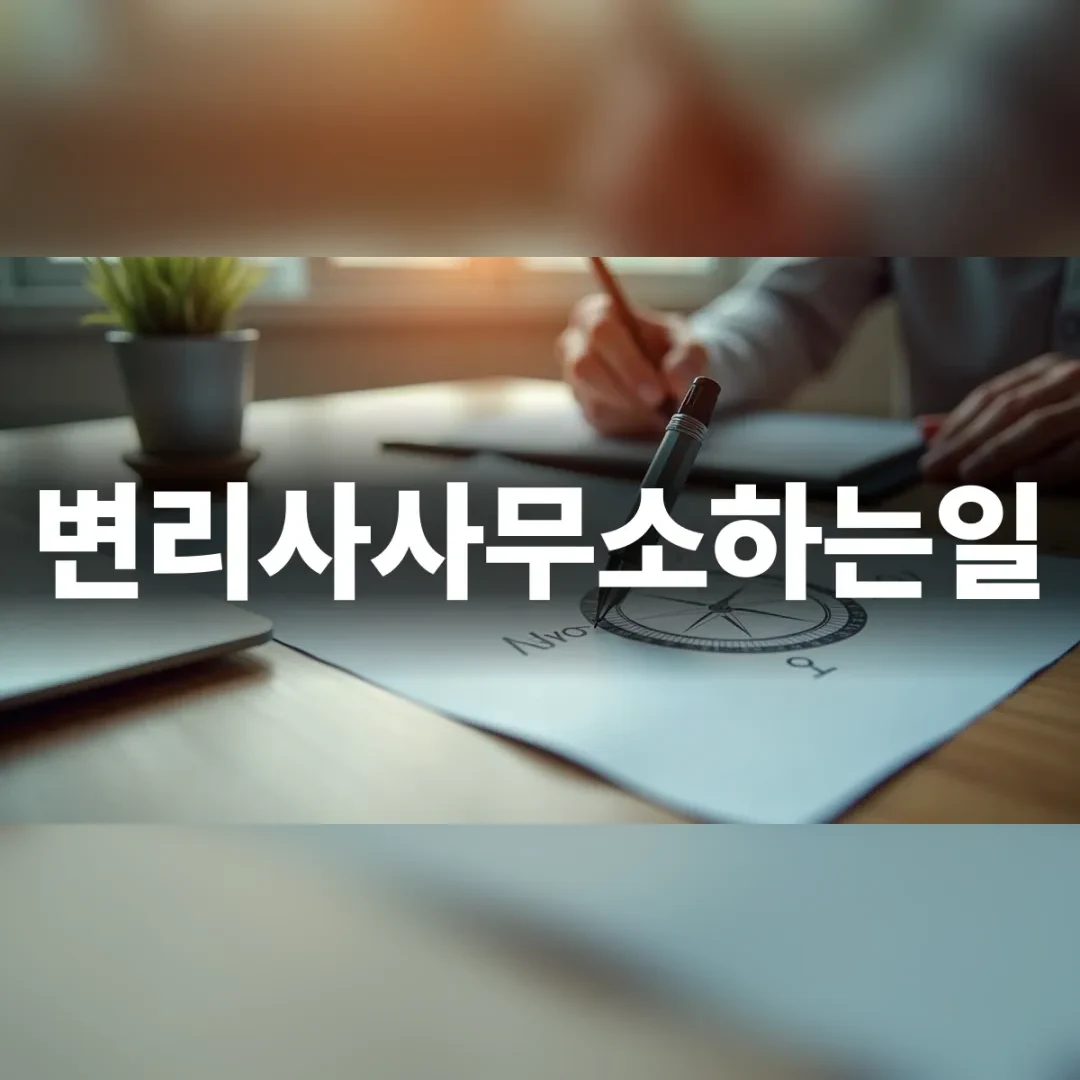 변리사사무소하는일 — 책상 위 도면과 나침반 옆에서 펜으로 적는 손