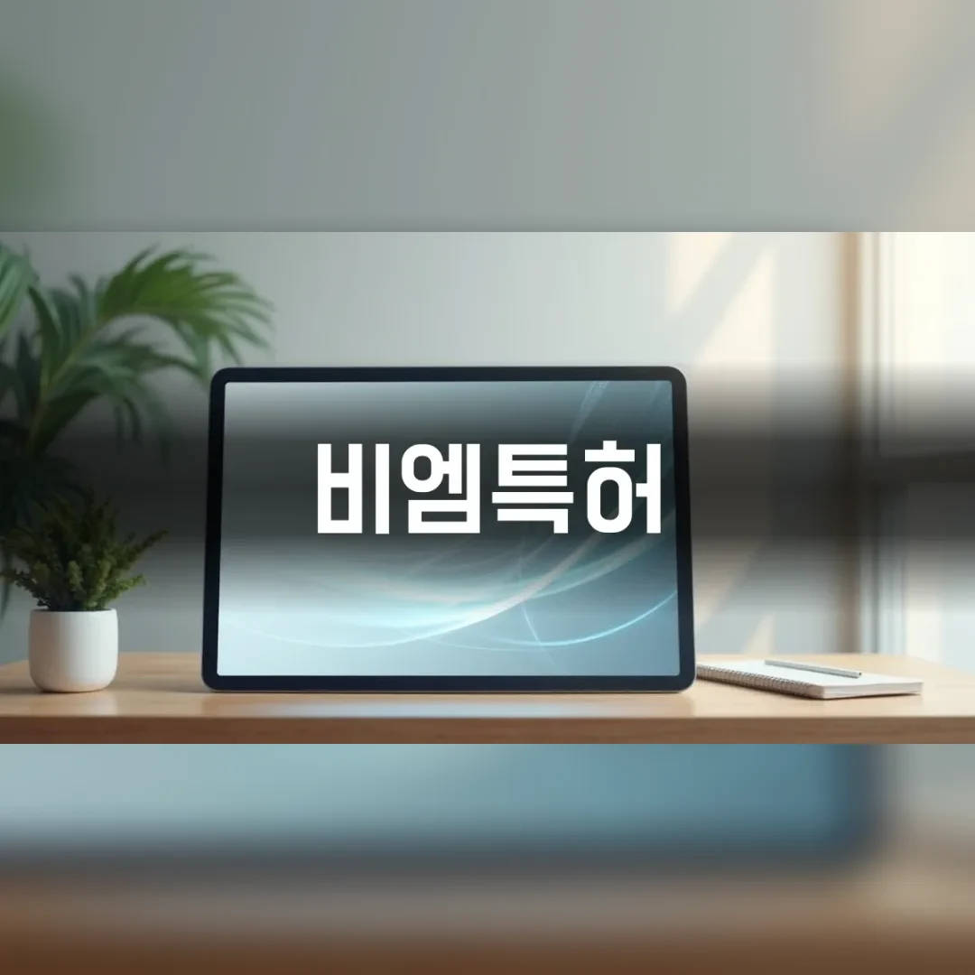 비엠특허 — 원목 책상 위 태블릿과 화분