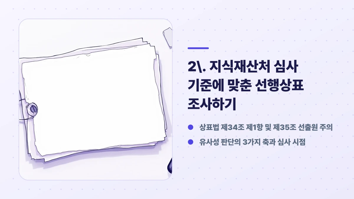 2. 지식재산처 심사 기준에 맞춘 선행상표 조사하기 핵심 항목: 상표법 제34조 제1항 및 제35조 선출원 주의, 유사성 판단의 3가지 축과 심사 시점